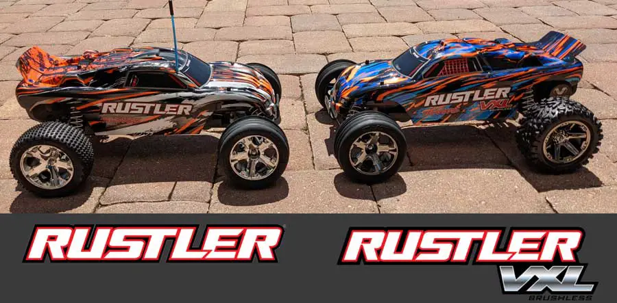 Side by side comparison of the Traxxas Rustler and the Rustler VXL