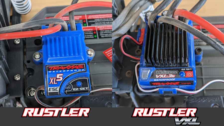 Traxxas Rustler XL5 ESC (left) vs Rustler VXL-3s ESC (right)