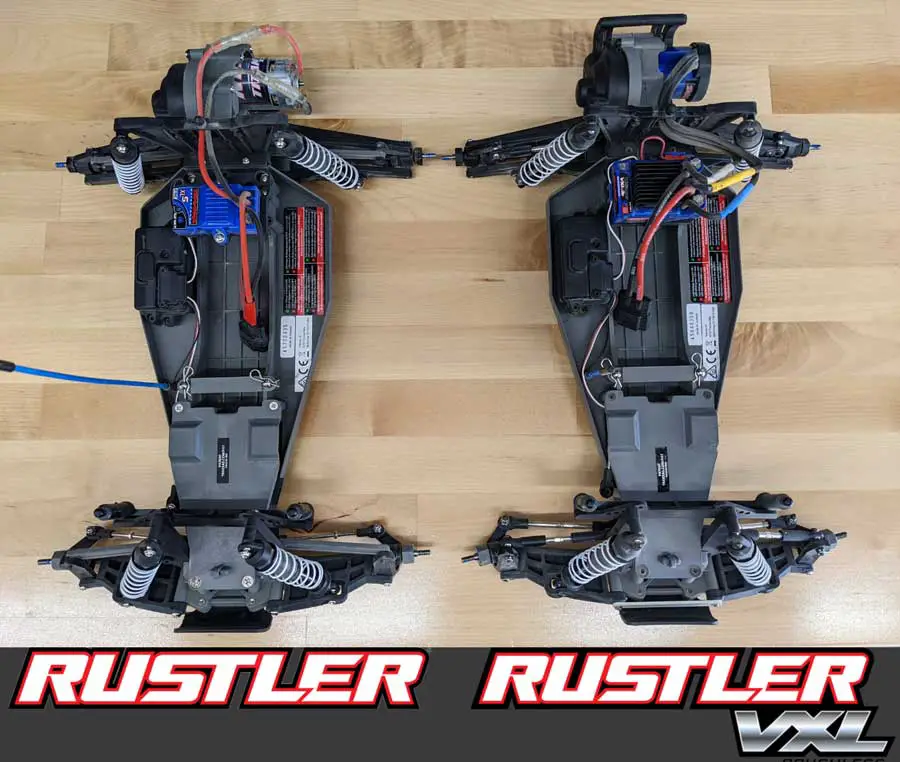 Traxxas Rustler chassis (left) vs Rustler VXL chassis (right)