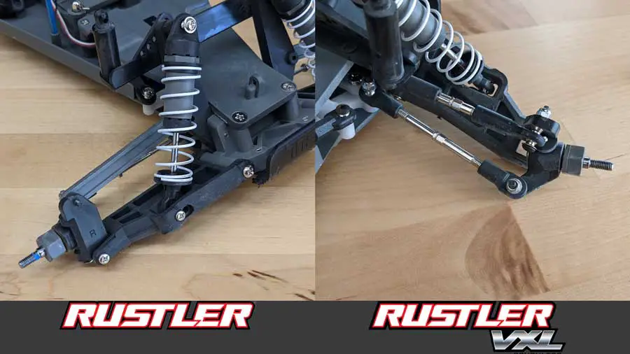 Suspension differences between Traxxas Rustler (left) vs Rustler VXL (right)